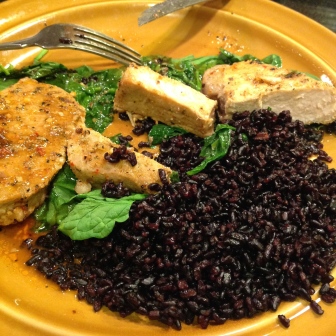 Mmm.. black rice, spinach, and center cut pork chops.